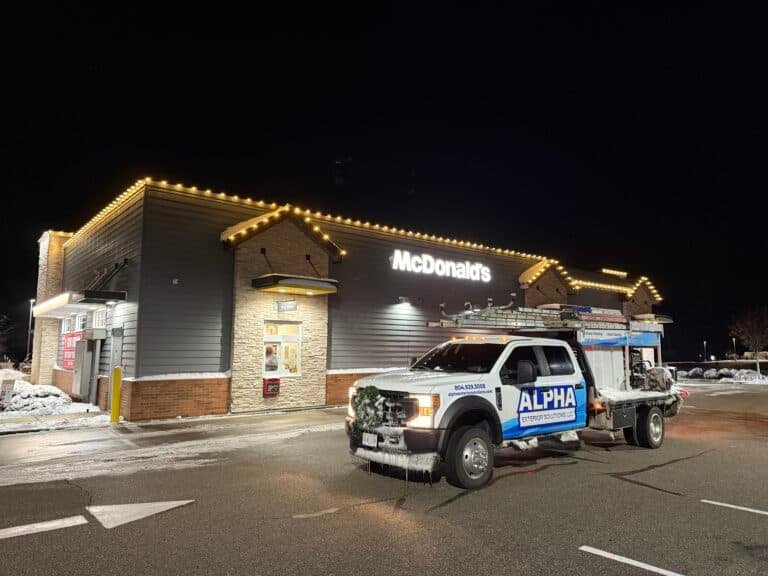Commercial McDonald's near chesterfield va decorated for holiday season by alpha exterior solutoins and holiday lighting