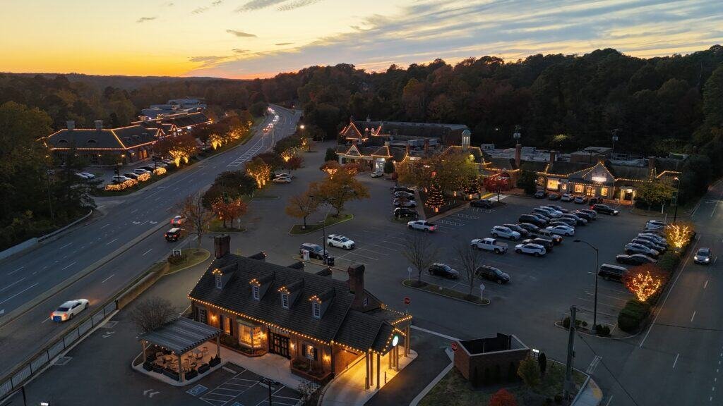 multiple building commercial complex decorated for Christmas holiday season by alpha exterior solutions and holiday lighting
