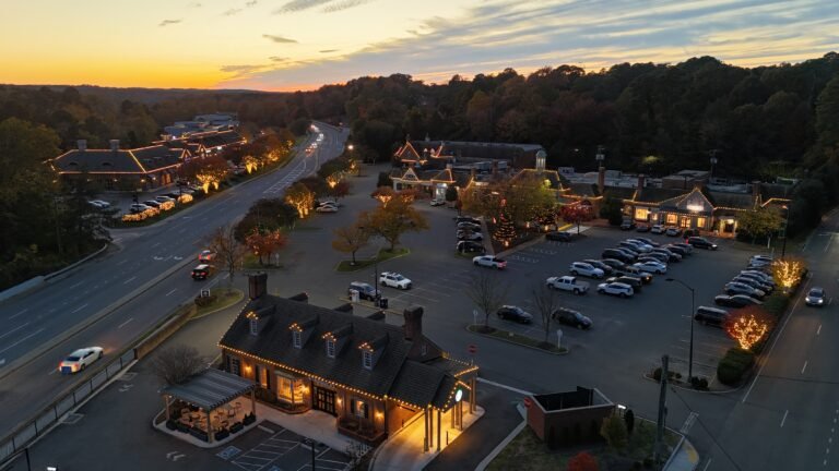 multiple building commercial complex decorated for Christmas holiday season by alpha exterior solutions and holiday lighting