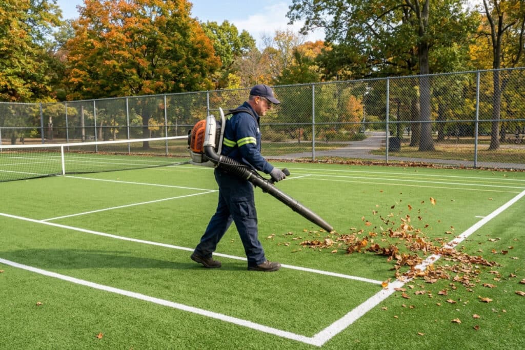 cleaning artificial grass tennis courts
