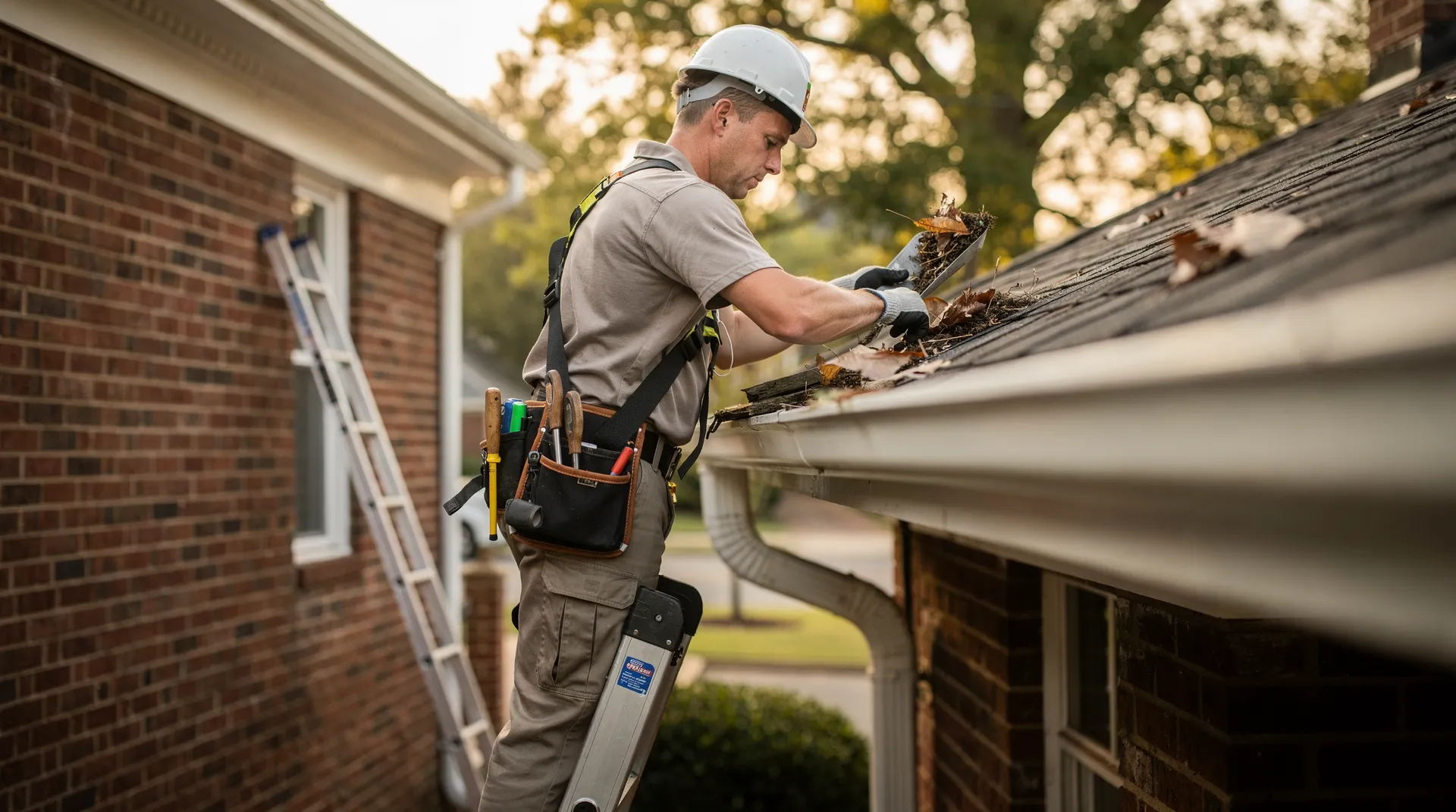 licensed and insured gutter cleaning professional inspecting gutters on a Richmond VA home