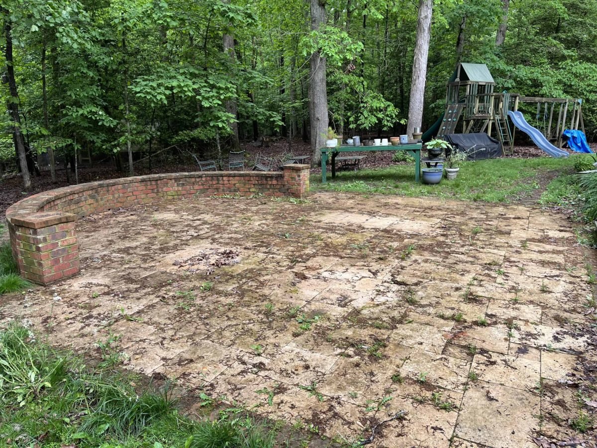 outdoor brick and paver patio covered in dirt and grass before pressure washing and paver sealing near ashland virginia