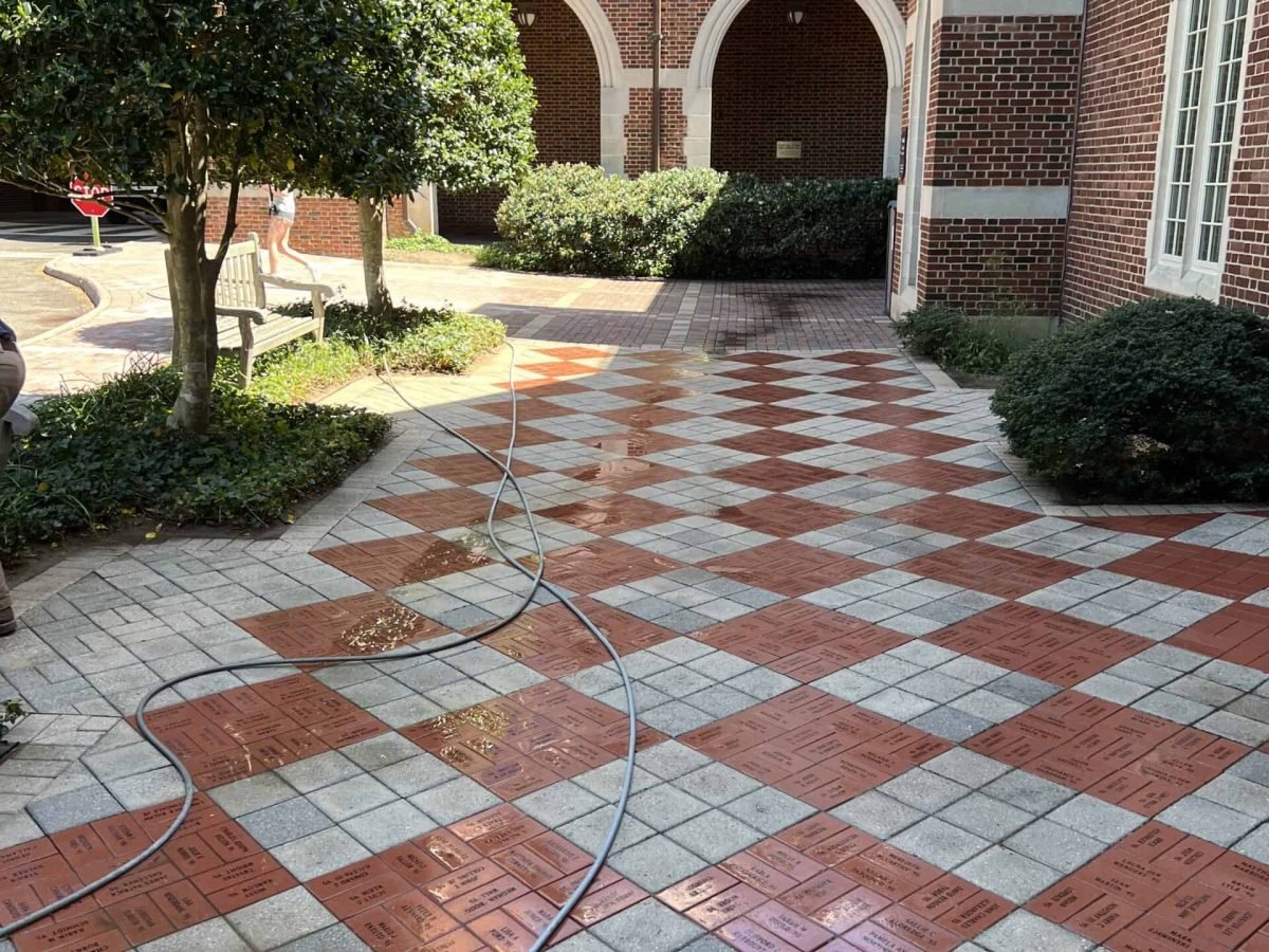 exterior brick and paver patio professionally power washed and cleaned by alpha exterior cleaning services at university of Richmond in virginia