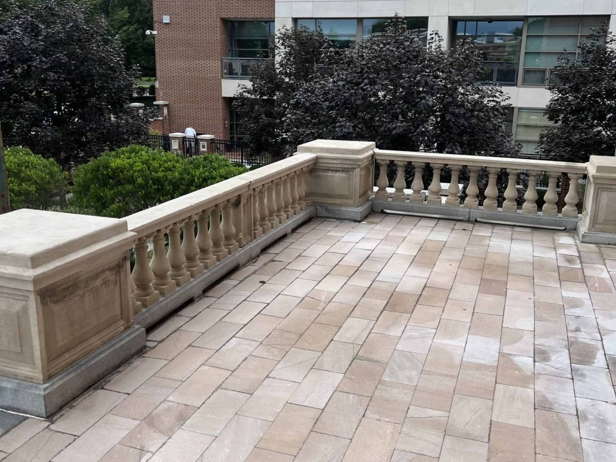 Commercial stone paver patio after cleaning by alpha exterior solutions