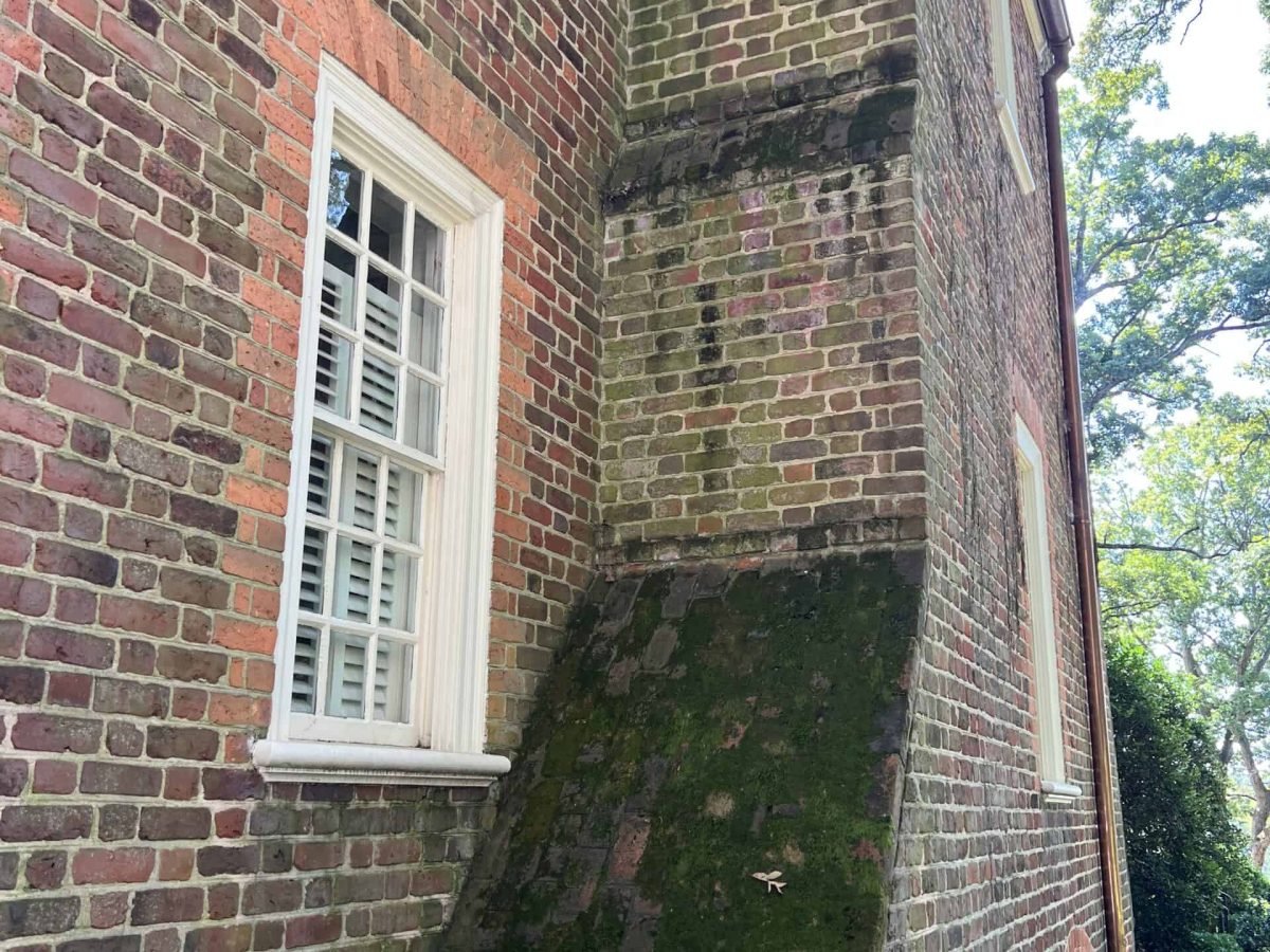 residential brick chimney covered in algae before exterior cleaning and pressure washing by alpha exterior solutions