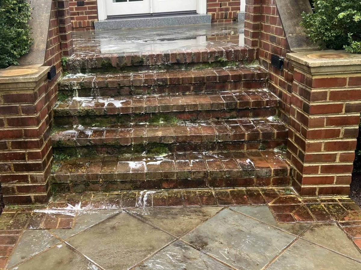residential brick patio stairs before cleaning and sealing by alpha exterior solutions in bon air virginia